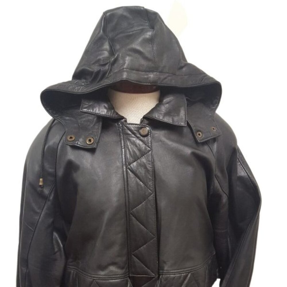 Women’s Soft Touch Black Leather ¾ Parka Jacket with Hoodie